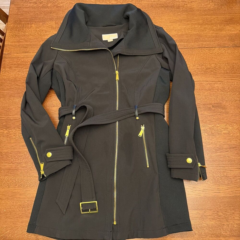 Michael Kors Asymmetrical Zip Up Black & Gold Winter Trench Coat Women's Size XL